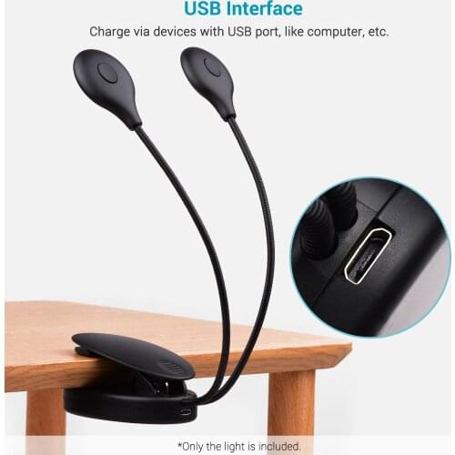 Clip-on Light Portable Clamp Lamp Reading Light with Dual Flexible Arms 8 LEDs 3 Brightness Levels for Music Stands Desk