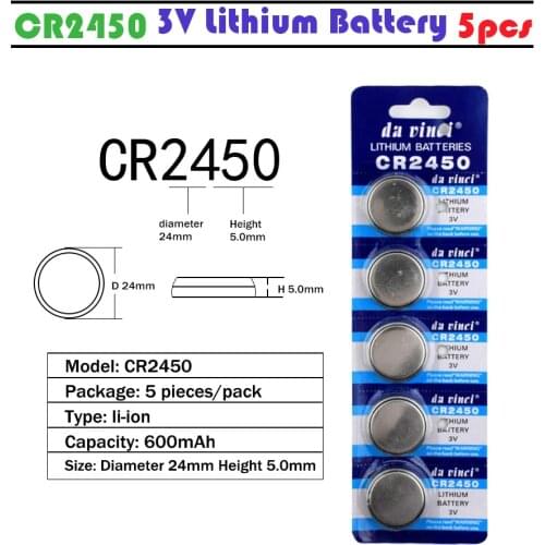 CR2450 5Pcs 3V Lithium Button Batteries 600mAh KCR2450 CR 2450 LM2450 5029LC Cell Coin Battery for Watch Electronic Toy Remote