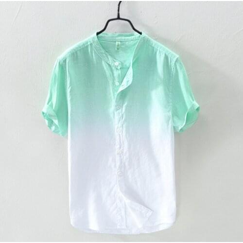 Mens 100% Linen Shirts Gradient Color Short Sleeve Casual Shirts Mandarin Collar Men Summer Slim fit Flax Shirts Male TS-412