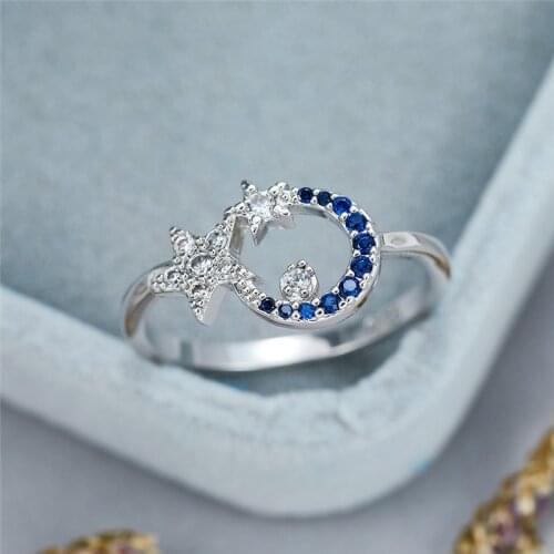 Dainty Female Blue Crystal Stone Ring Trendy Moon Star Thin Engagement Ring Charm Zircon Silver Color Wedding Rings For Women