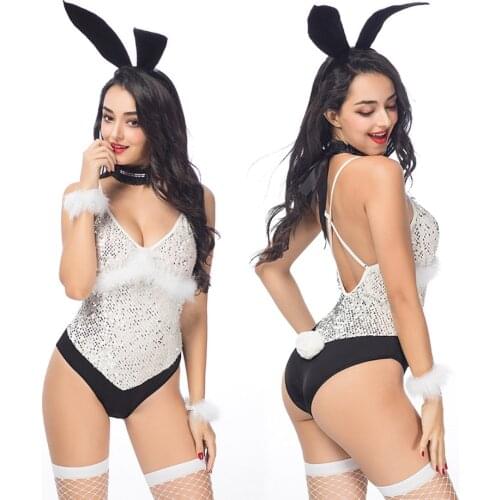 JSY Sexy Womens Bodysuit Underwear Pajamas Bunny Girl Senpai Cosplay Lingerie Set Hot Erotic Costumes Sex Sequin Teddy Suit
