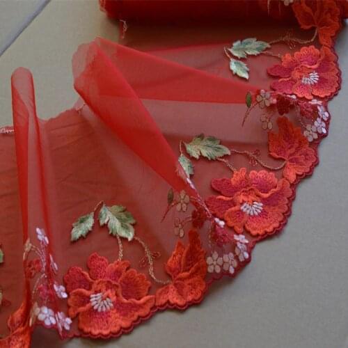 10Yards Lace Trim Red Organza Red Thread Flower Embroidered Scalloped Tulle Lace 20cm Wide High Quality Wedding