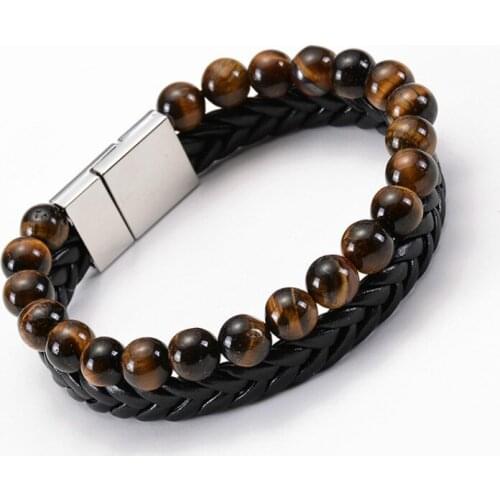 8mm Natural Blue Sand Stone Stone Tiger Eye Stone Leather Bracelet & Bangle Double Row Mens Magnet Buckle Bracelet