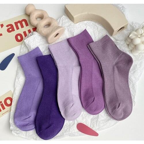 Q Breathable Women SocksItem for Spring Summer Shallow Mouth Cotton Purple Soft 3Pairs Crew Socks Japanese Style