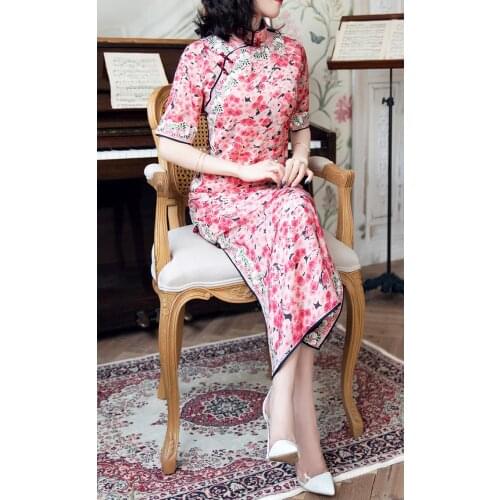New autumn Chinese retro style mandarin collar literary Cheongsam improved Rose print dress for women
