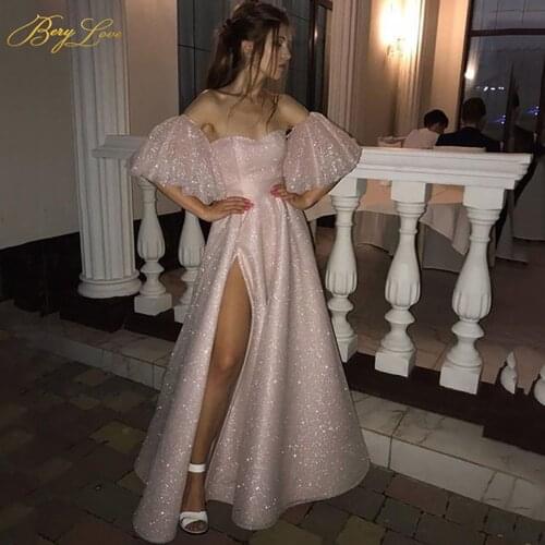 Berylove Solid Prom Dresses Glitter Shiny Semi Sweetheart Split Evening Dress Off Shoulder Ruffle Sleeve Vestidos