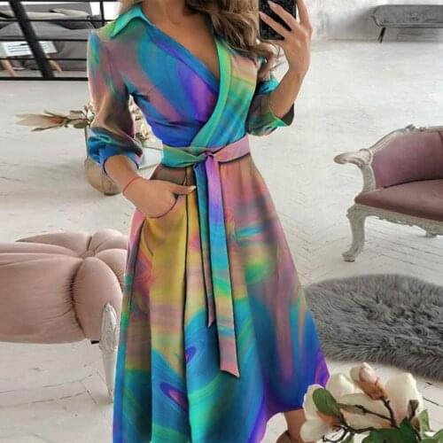 Summer Dress for Women Tie Dye Printing Sexy V Neck Half Sleeve Lace Up Midi Long Dress Formal Dress Women Elegant Vestido Robe