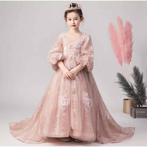 Flower Girl Dresses Illusion V-Neck Full Embroidery Appliques Beading Princess Tulle Lace Floor-Length Pink Kids Party Gown H662