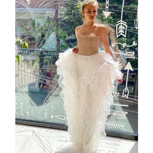 Chic 2021 White Formal Event Party Dresses Ruched Organza Long Straight Prom Gowns Shiny Gowns Beads Bridal Dress