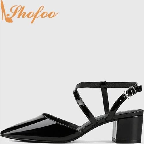 Shofoo Black Large Size 13 15 Ankle Wrap Sandals Woman Pointed Toe Patent Leather Heels Buckle Strap Ladies Summer Shoes Fashion