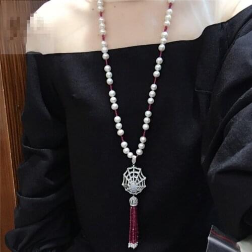 Hand knotted natural 8-9mm white nearl round freshwater pearl red stone micro inlay zircon tassel necklace fashion jewelry