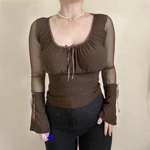 Women flare full sleeve tshirt slim elegant slim mesh patchwork transparent high street vintage T shirt 2021 femme tops