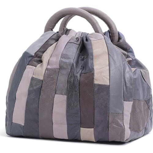 Women Genuine Leather Bag Bucket Vintage Patchwork Handbag Purses and Handbags Luxury Designer Euro-America Style