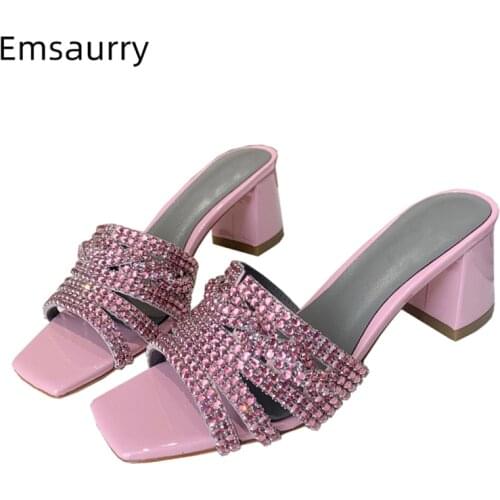 New Design Square Open Toe Crystal Lady Mules Med Heel Bright Real Leather Sexy Cut Out Rhinestone Summer Slippers Women