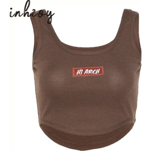 Women Y2K Brown Tops Cute Letter Knitted Sleevless O Neck Mini Vest Big Girls Summer Slim Tee Tanks