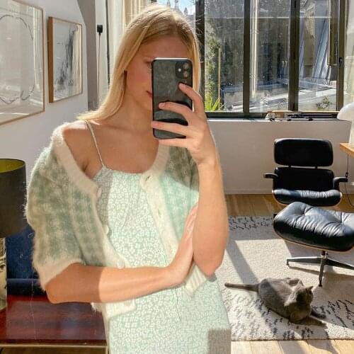 Knitted Sweater Women 2020 Autumn Single Breasted Cropped Cardigan V Neck Half Sleeve Contrast Trim Plaid Cardigans Knitwear