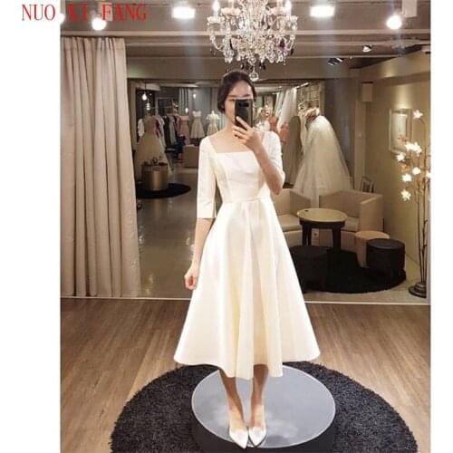 Simple Tea Length Wedding Dresses With Half Sleeves White Ivory Korea Bridal Dress Vestido De Novia Cheap A-line Wedding Gowns