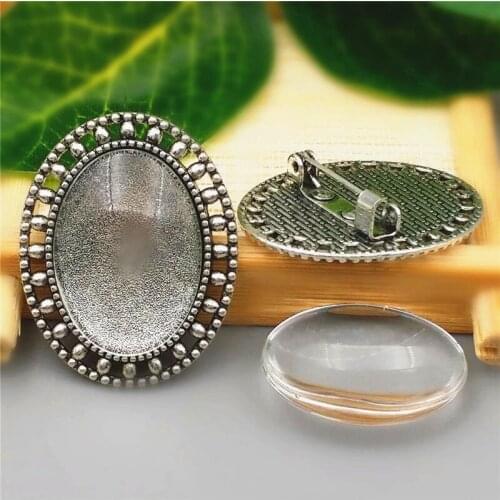 10sets/lot Antique Silver Alloy (Fit 18*25mm Dia) Filigree Brooch oval Cabochon Brooch Pendant Setting+clear glass beads A1015