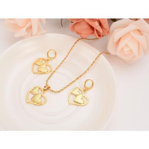 18 k Solid G/F Gold love heart linked to heart Big small set Pendant Chain Earrings African Bride Wedding Bijoux girls