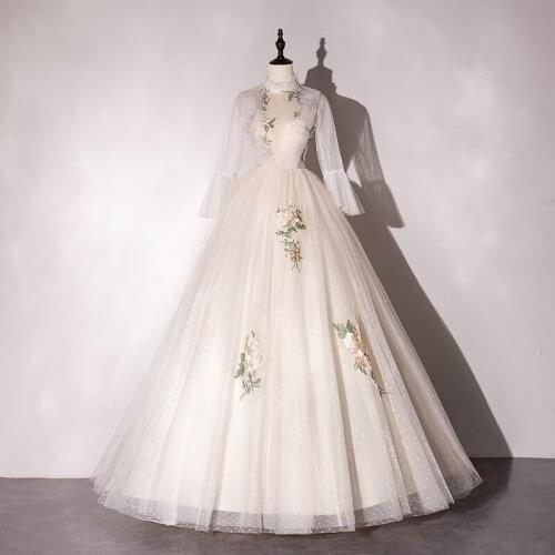 Vestidos 2021 High Neck Puff Sleeve Ball Dress Classic Ball Gown Luxury Embroidery Quinceanera Dresses Robe De Bal Customize