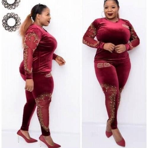 Velvet 2 Piece Sets 2021 New Fashion Bazin Print Dashiki Women Blouse Yomadou Elastic Pattern Suits Top And Pants For Women Lady