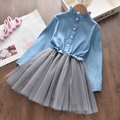 2021 Spring And Autumn Childrens Wear New Girl Princess Skirt Denim Shirt Mesh Skirt Female Baby Long Sleeve Suit Skirt