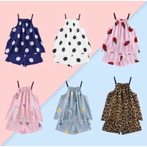 Kids Pajamas Girls Sleeveless Summer Clothes Baby Cartoon Printed Silk Strap Tops+Shorts 2 PCS Sets Children Leisure Suits 1-7Y