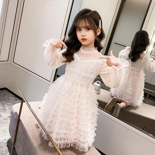 Kids Dresses For Girls Child Clothes Layered Princess Dresses Teenager Fall Girls Dress Long Sleeve Pink White Party Gown 4-14Y