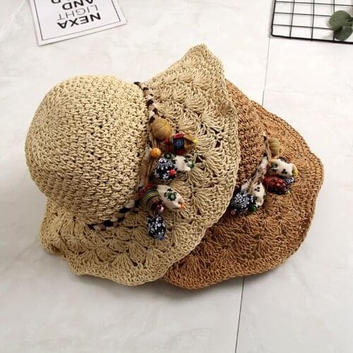 H7451 Korean Summer Crocheted Straw Sun Hat Hollow Wide Brim Sunshade Sunscreen Lady Cap Women Outdoor Beach Sun Protection Hats