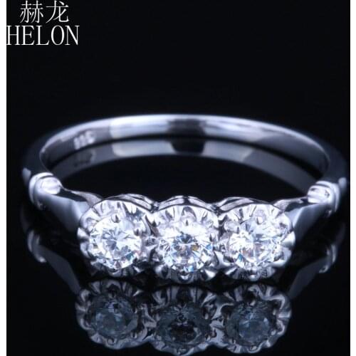 HELON Solid 10k White Gold Jewelry 0.3ct Genuine Moissanites Diamond Ring Engagement Wedding Exquisite Women Three Stone Ring