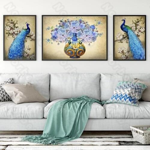 Modern Style Canvas Painting Posters Beautiful Blue Peacocks and Minimalist Bunch of Flowers for Home Rooms Wall Decoration