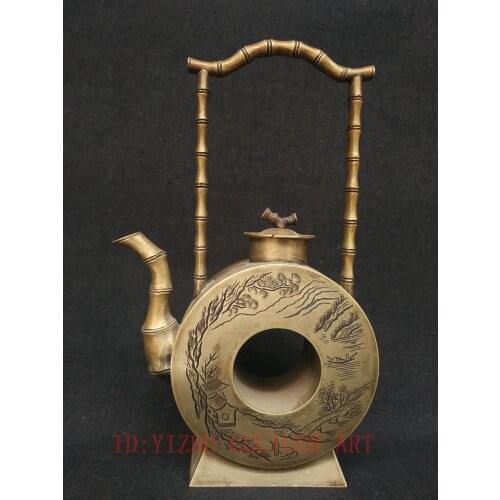 YIZHU CULTUER ART Old Collection China Bronze Carving Landscape Calligraphy Teapot Pot Decoration