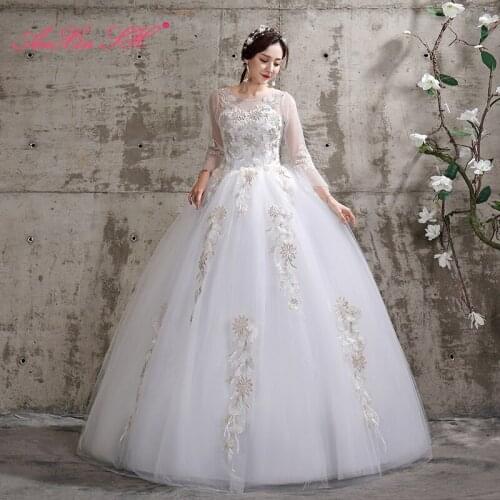 AXJFU princess white flower lace wedding dress ball gown vintage o neck long flare sleeve illusion party bride wedding dress