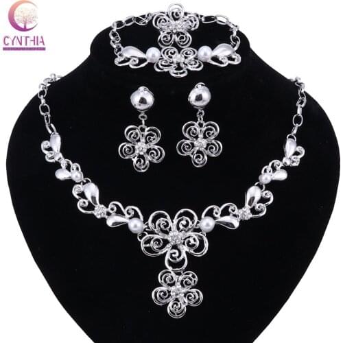 Fashion Imitation Pearl Necklace Bracelet Earring Ring Set Gold Silver Color Rhinestone Wedding Party Jewelry Set Gifts