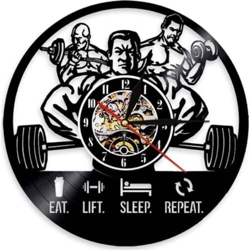 Bodybuilding Muscle Men Vinyl Record Wall Clock For Home GYM Workout Room Fitness Center Hanging Wall Watch Silent Quartz Clock