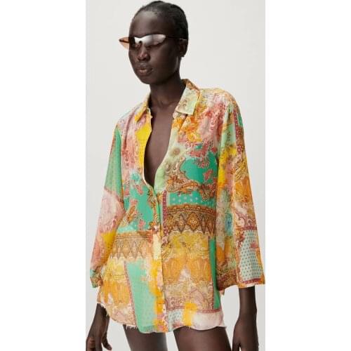 New Women Shirts Totem Print Loose Casual Blouse Female Long Sleeve Turn Down Collar Vintage Top Blusas Camisas Mujer