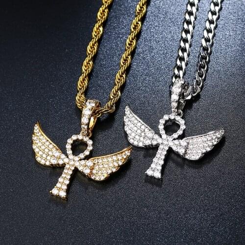 Angel Wings Cross Pendant Necklace Brass CZ Cross Pendants Men And Women Necklace Tennis Chain Cuban Chain