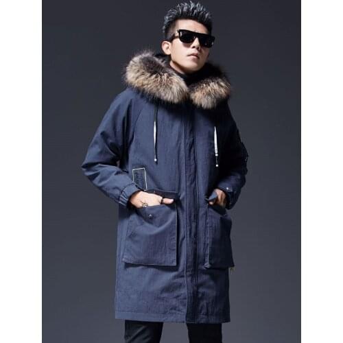 Real Raccoon Fur Collar Parka Men Long Coat Wool Fur Liner Trench Coat New Fashion Hooded Fur Parka Long Trench Coat Men