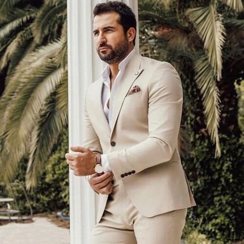 Beige Wedding Tuxedos for Groom Wear Slim Fit Business Men Suits Latest Design 2 Pieces Blazer with Pants Male Fashion 2021