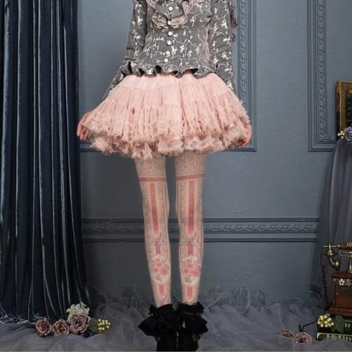 High Quality Japanese Soft Girl Lolita Bow Pink Flowers Pantyhose Kawaii Personalized Skinny Leg Print Stockings