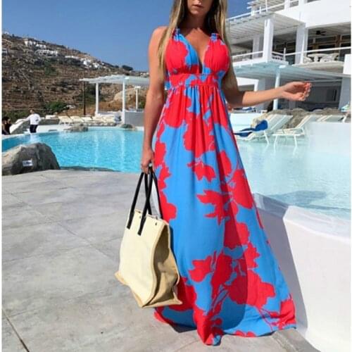 Womens Long Skirt 2021 Europe and America Spring and Summer Bohemian Printed V-Neck Sleeveless Dress
