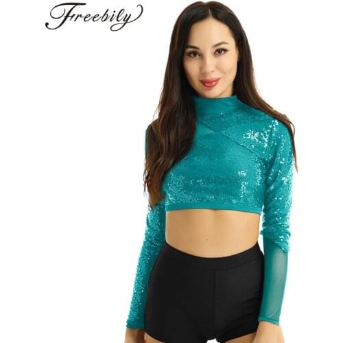 Women Shiny Sequins Long Sleeve Mesh Splice Rave Crop Top Sports Ballet Gymnastics Tops Jazz Stage Performance Dance Costume