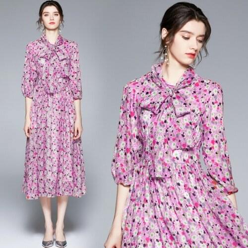 High Quality 2021 Summer women Flower Print Maxi Dress three quarter Sleeve Chiffon Long Dress Vestidos
