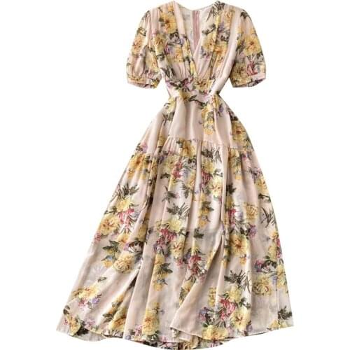 New Summer Women V-Neck Short Sleeve Slim Long Dress Vacation Style Elegant Flowers Print Chiffon Dress