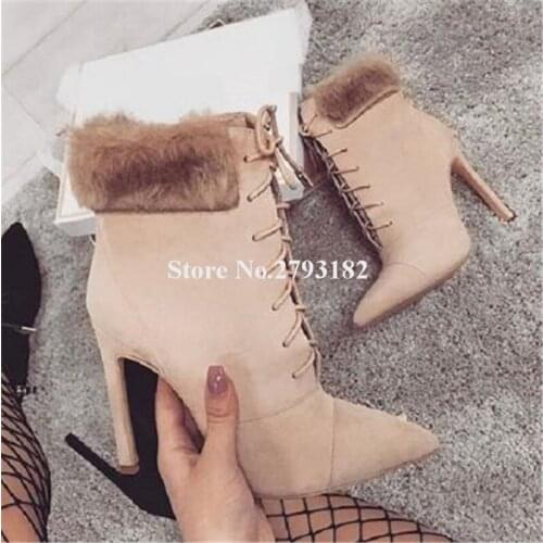 Winter Women Sexy Pointed Toe Suede Leather Ankle Fur Thin Heel Short Boots Lace-up Black Beige High Heel Ankle Warm Boots