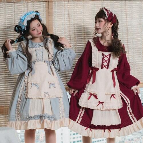 Original Design Sweet Cream Girl Womens Lolita Dress Winter Long Sleeve Bow Cotton Fake 2pcs One Piece Cute Girl 2 Colors
