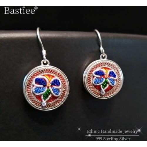 Bastiee Designer Earrings 999 Sterling Silver Jewelry Women Round Embroidery Drop Earings Miao Handmade Luxury Bohemian Ethnic