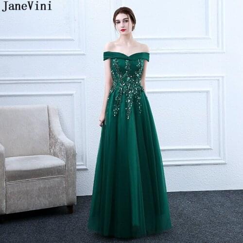 JaneVini Elegant Dark Green A Line Long Bridesmaid Dresses Boat Neck Appliques Beaded Floor Length Tulle Women Formal Prom Gowns