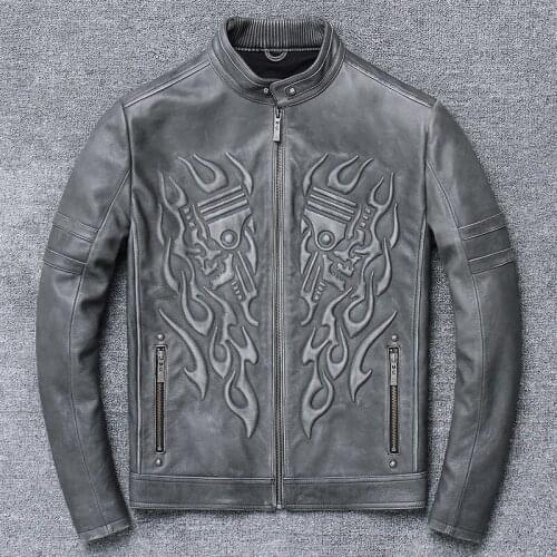 Quality Mens Punk Skull Leather Jacket,men Genuine Leather Coat.motor Biker Leather Clothes.gray,sales Men Jacket