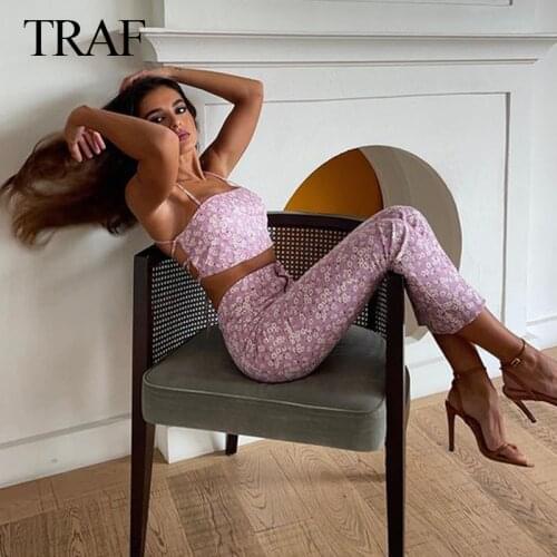 TRAF Women Suit Summer Za Fashion Flower Print Short Suspender Halter Top With Straight-leg Pants With Zipper Retro Casual Wear